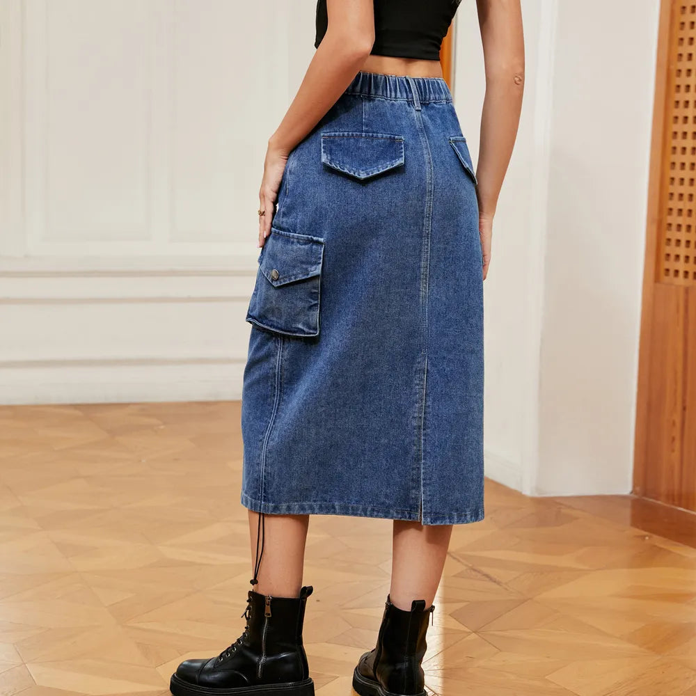 Drawstring Ruched Denim Midi Skirt by Manny