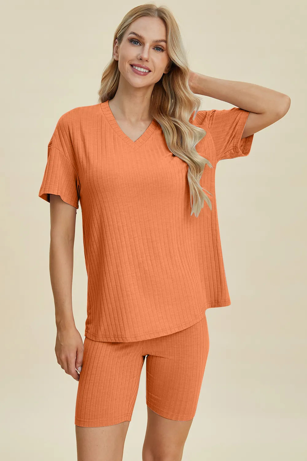 Basic Bae Ribbed V-Neck Top and Shorts Set
