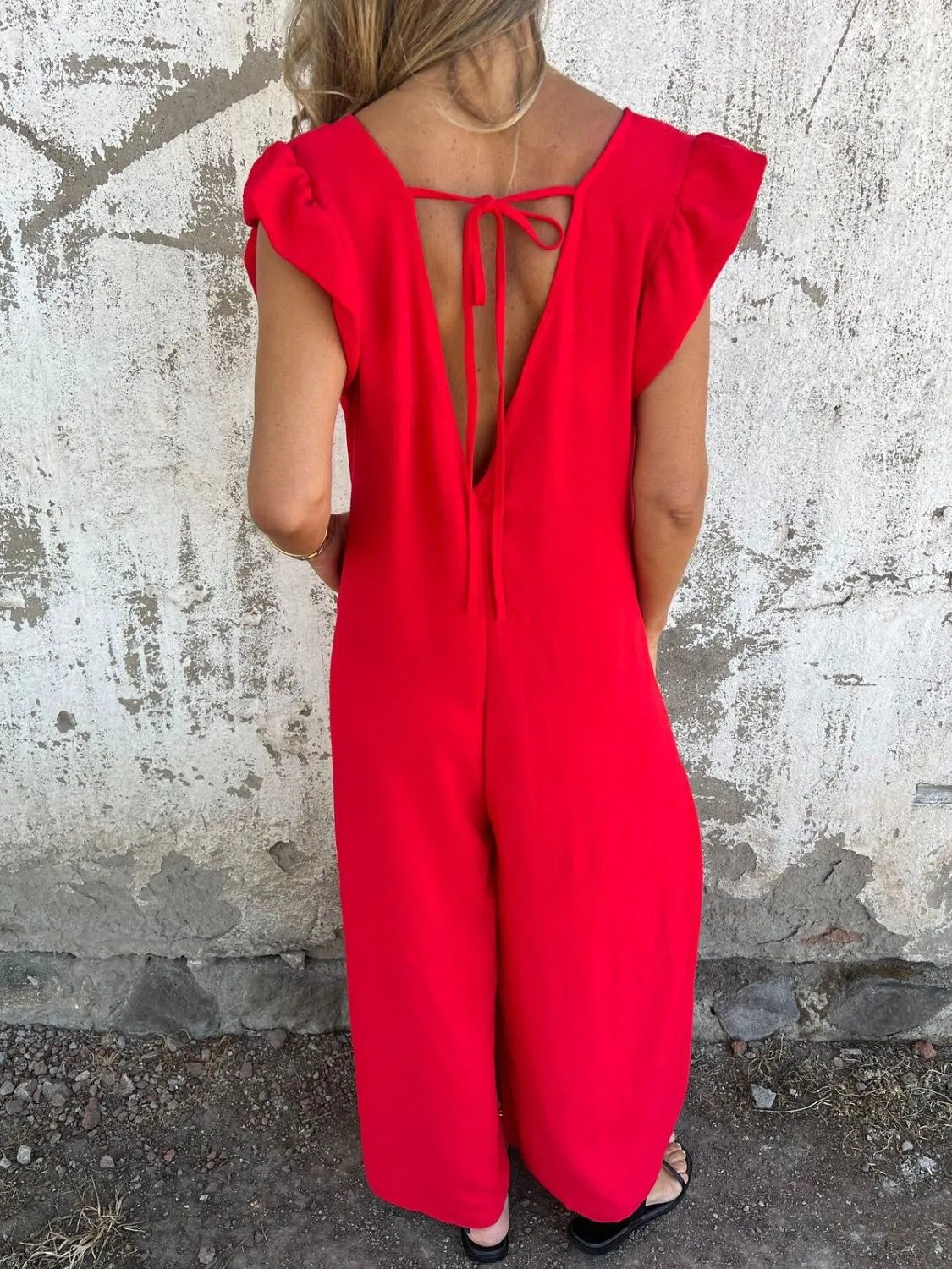 V-Neck Cap Sleeve Wide Leg Jumpsuit