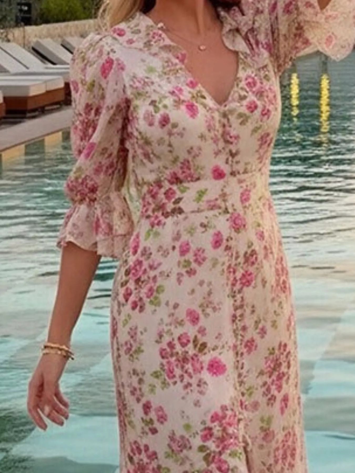 Ruffled Button-Front Half Sleeve Dress