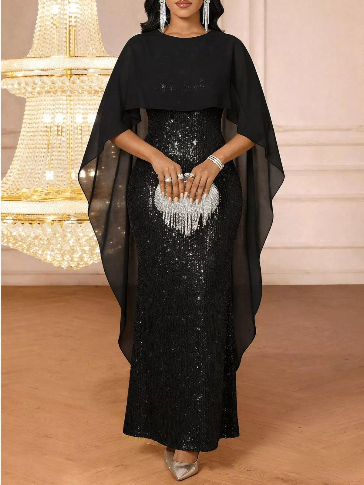 Sequin Cape-Overlay Evening Dress