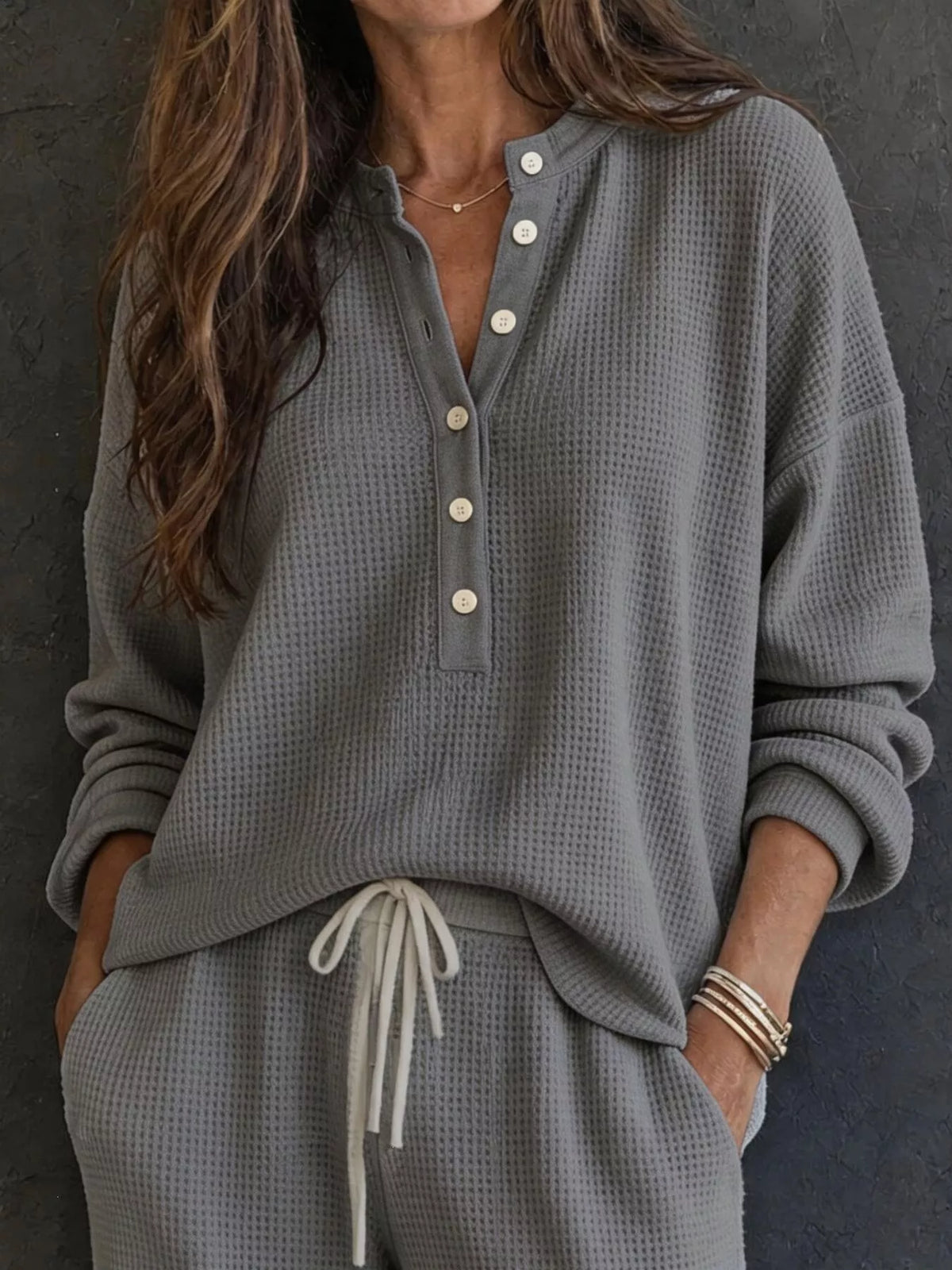 Waffle-Knit Button Detail Top and Pants Set