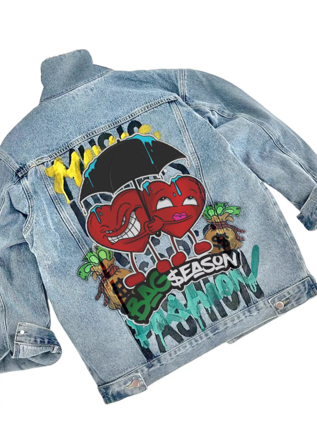 Heart & Umbrella Graphic Denim Jacket in Light Blue