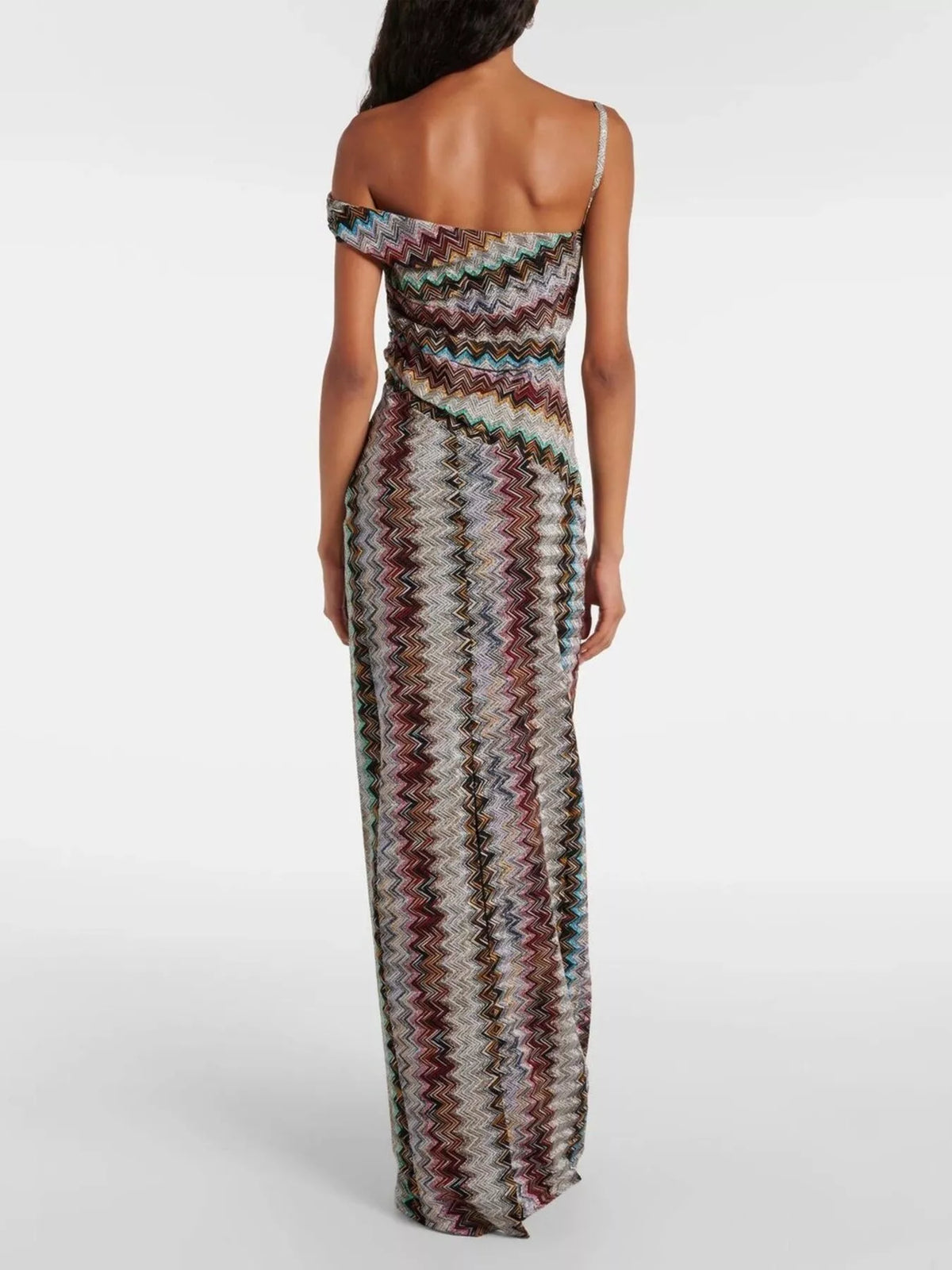 One-Shoulder Zigzag Knit Maxi Dress in Multicolor