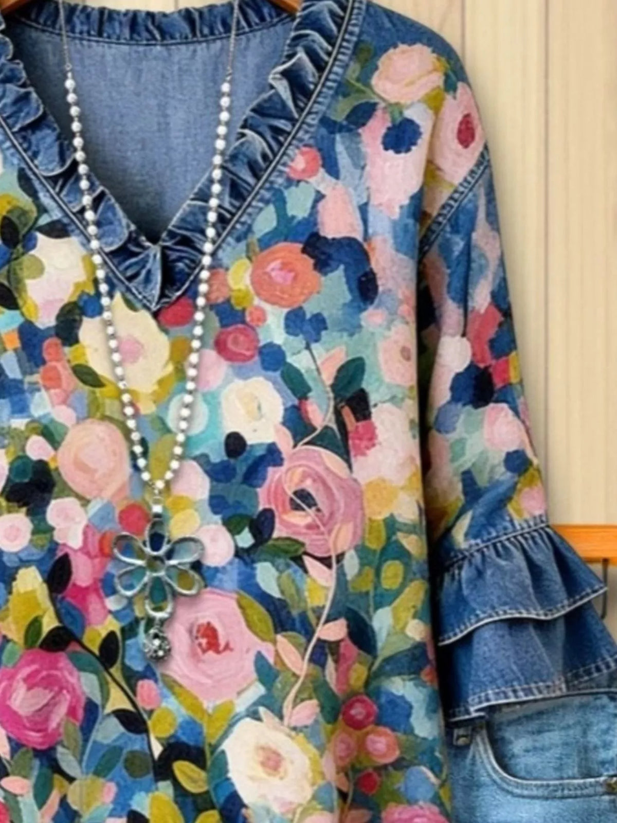 Floral Ruffle-Trim Denim Top