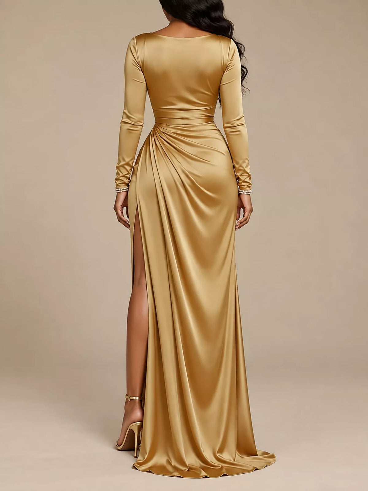 Satin Cowl Neck High-Slit Evening Maxi Dress