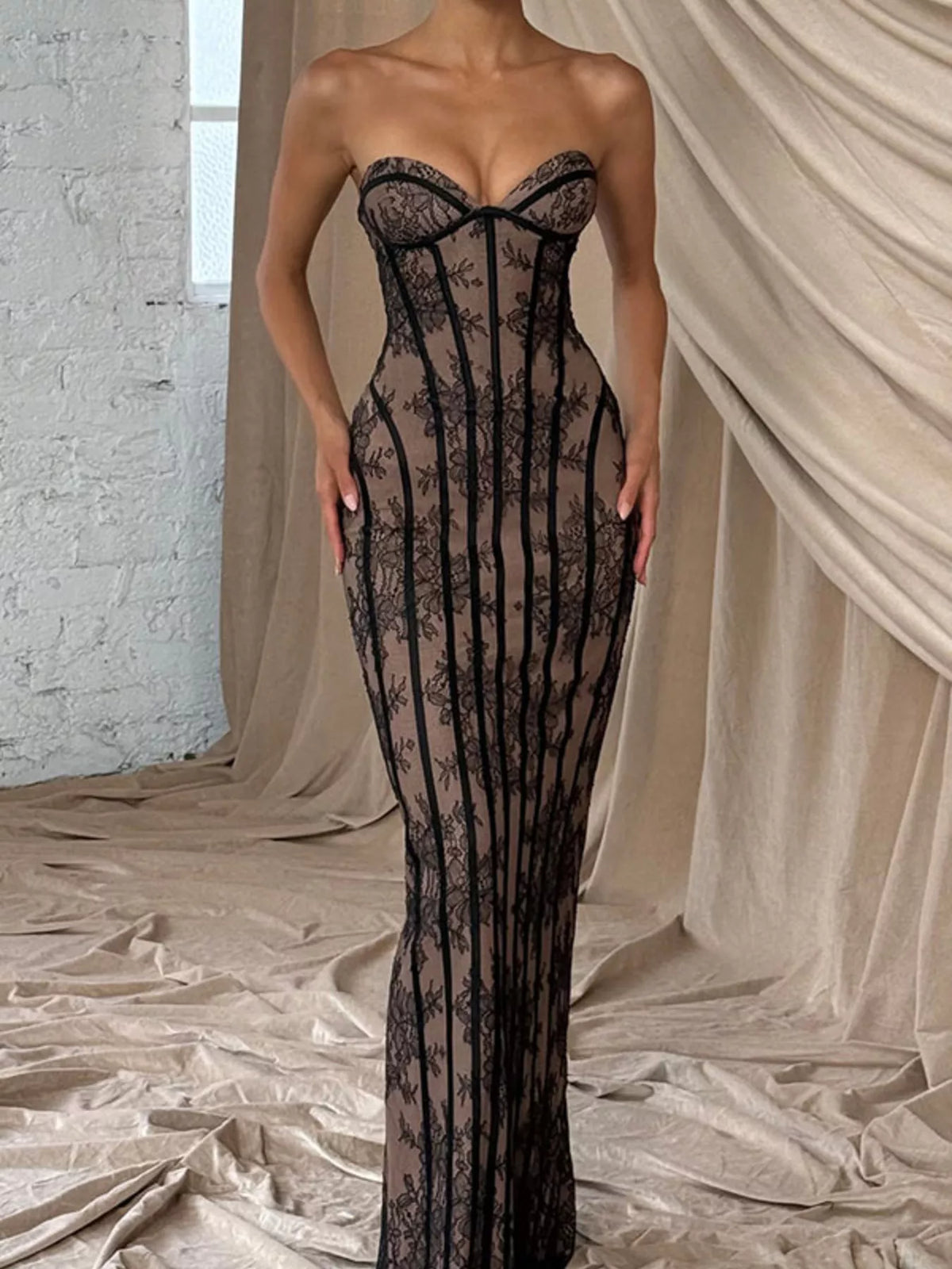Lace-Up Back Strapless Maxi Dress