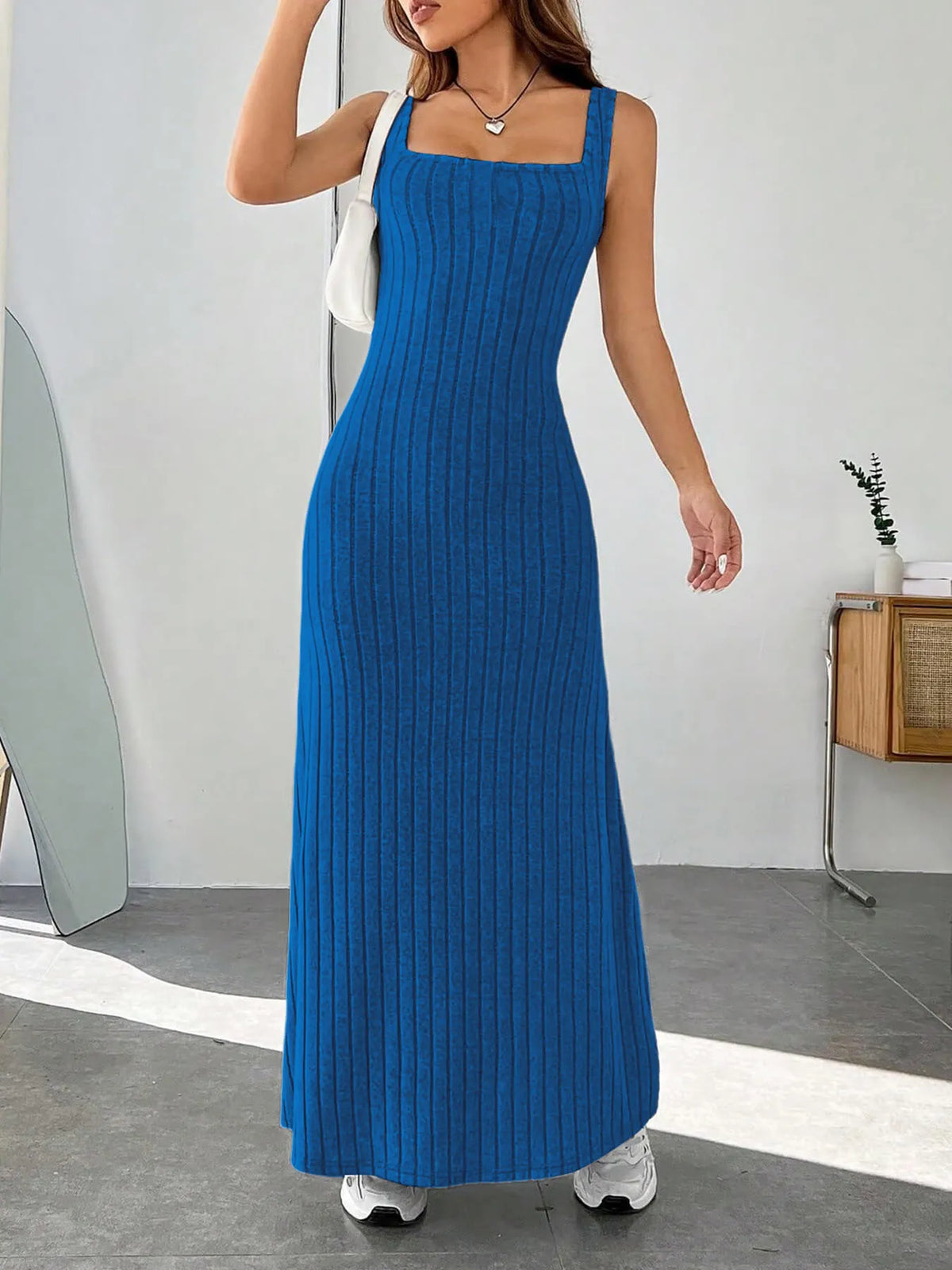 Ribbed Knit Square Neck Maxi Dress
