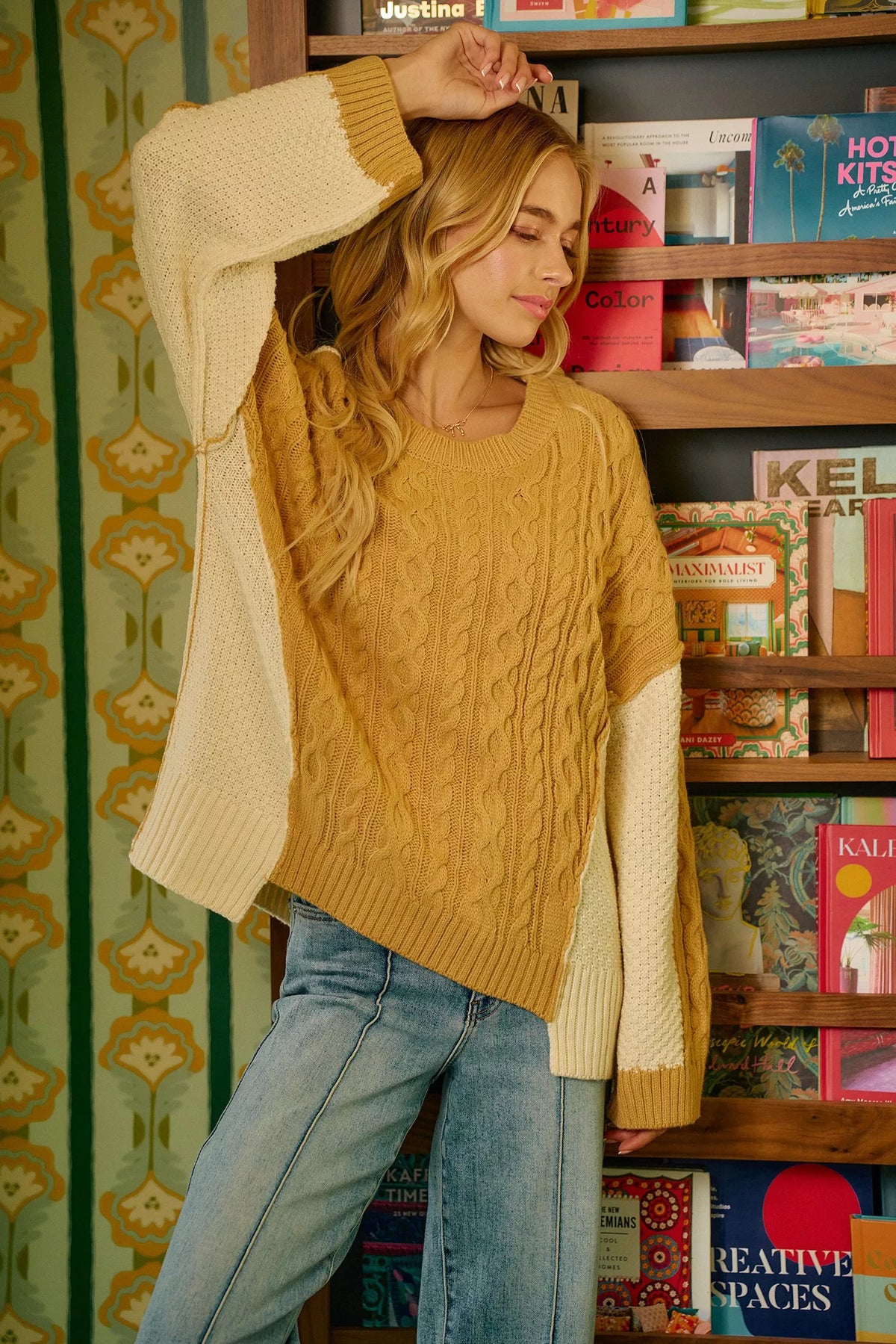 Mustard Ivory Cable Knit Hacci Combo Sweater in Lt mustard/ivory by BiBi