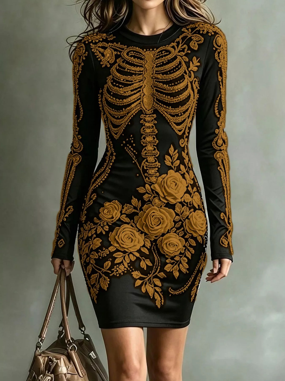 Skeleton Floral Long Sleeve Bodycon Dress