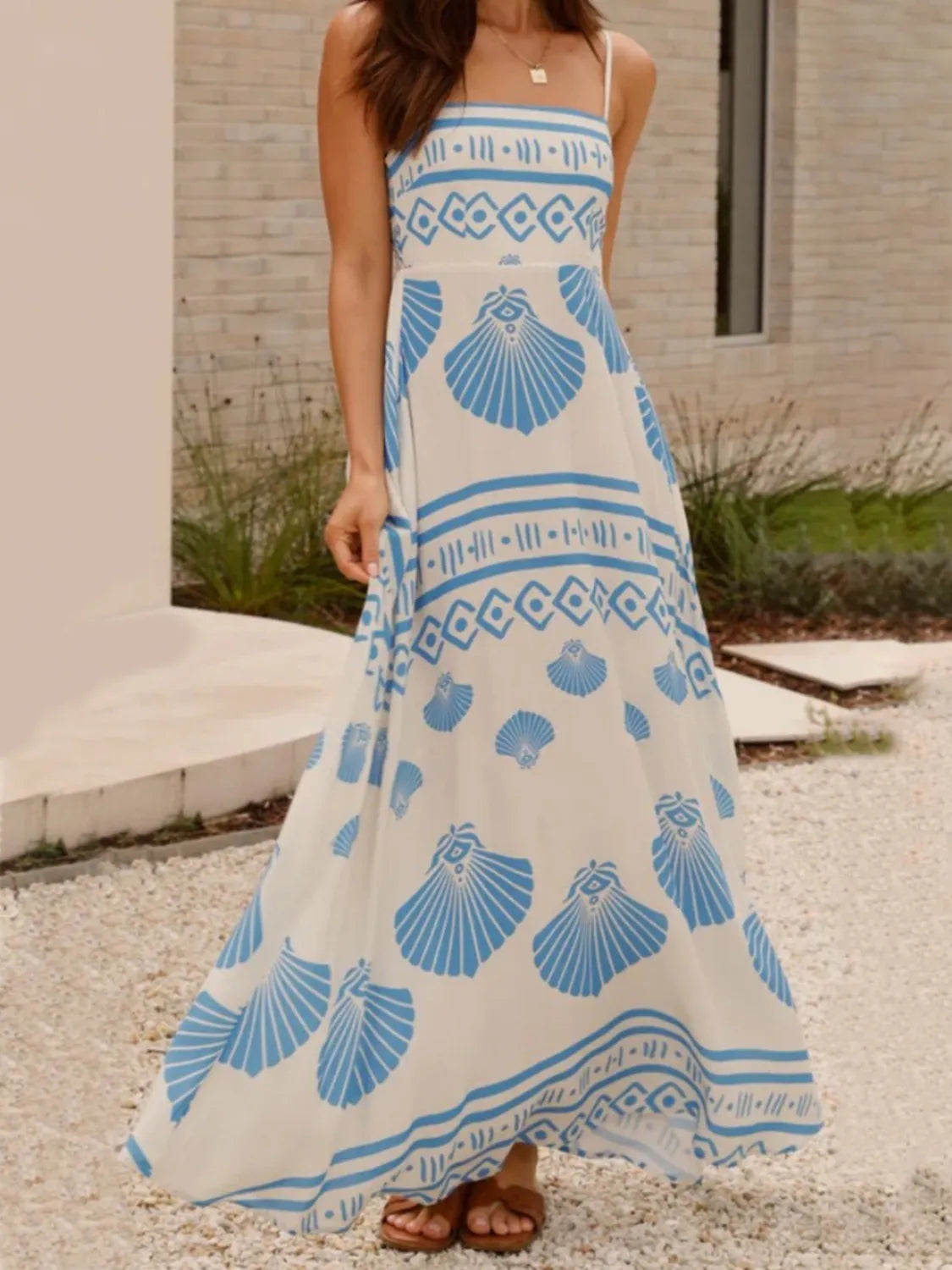 Seashell Print Maxi Dress in Light Blue