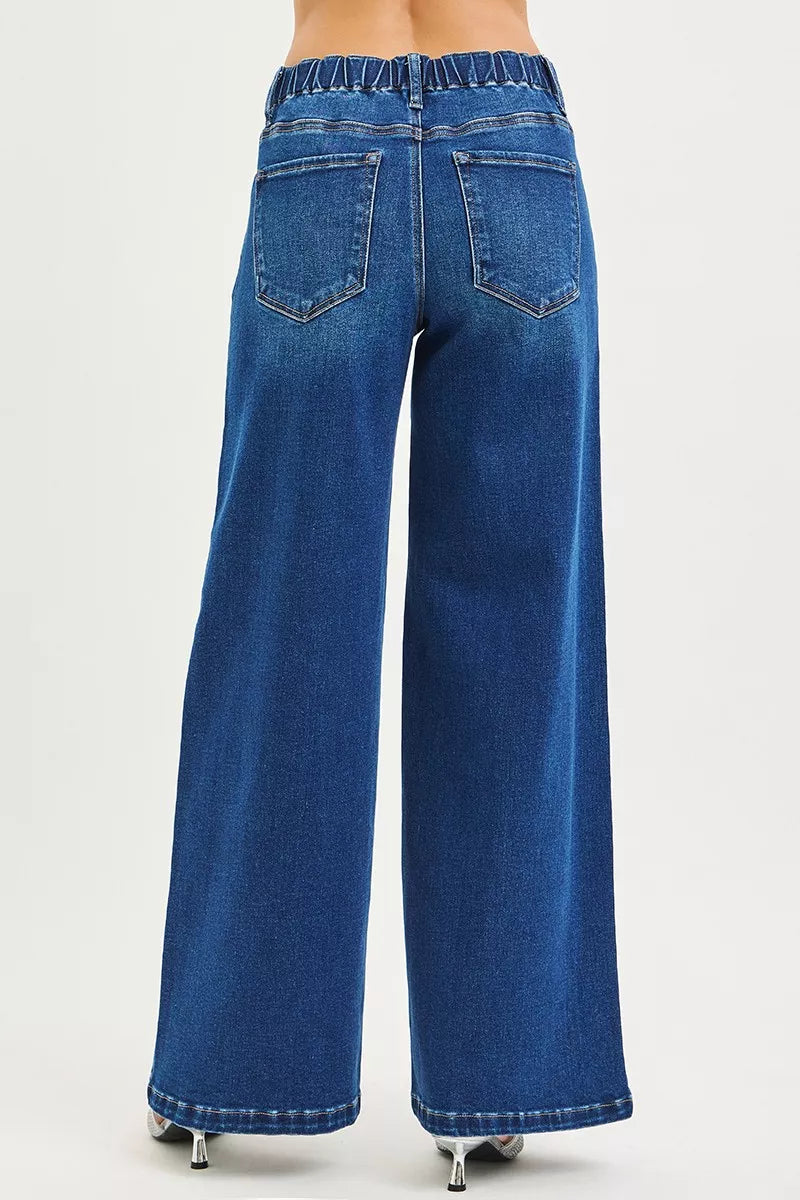 Risen Pintuck Drawstring Wide Leg Jeans in Dark Wash