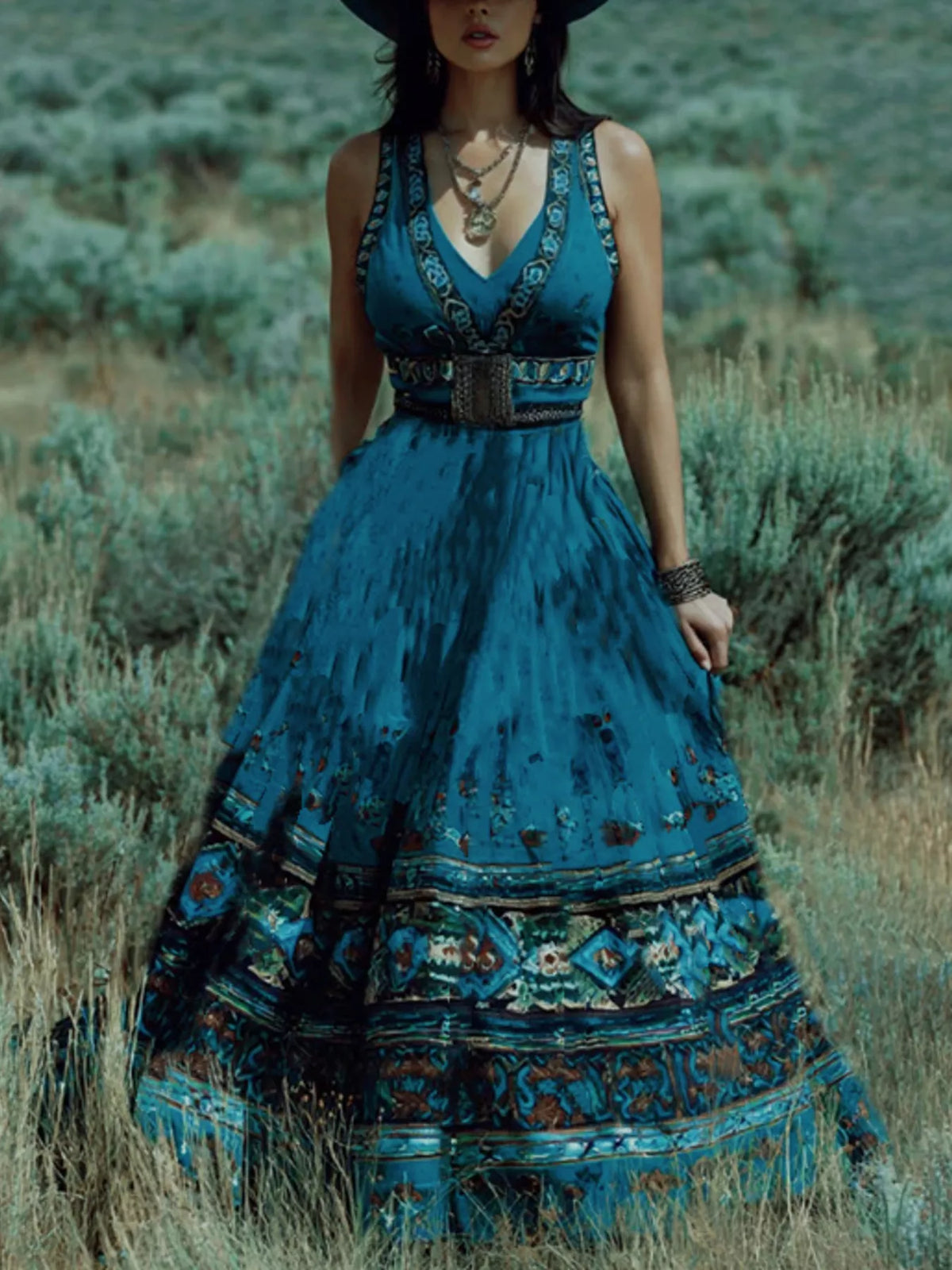 Printed V-Neck Maxi Dress in Blue