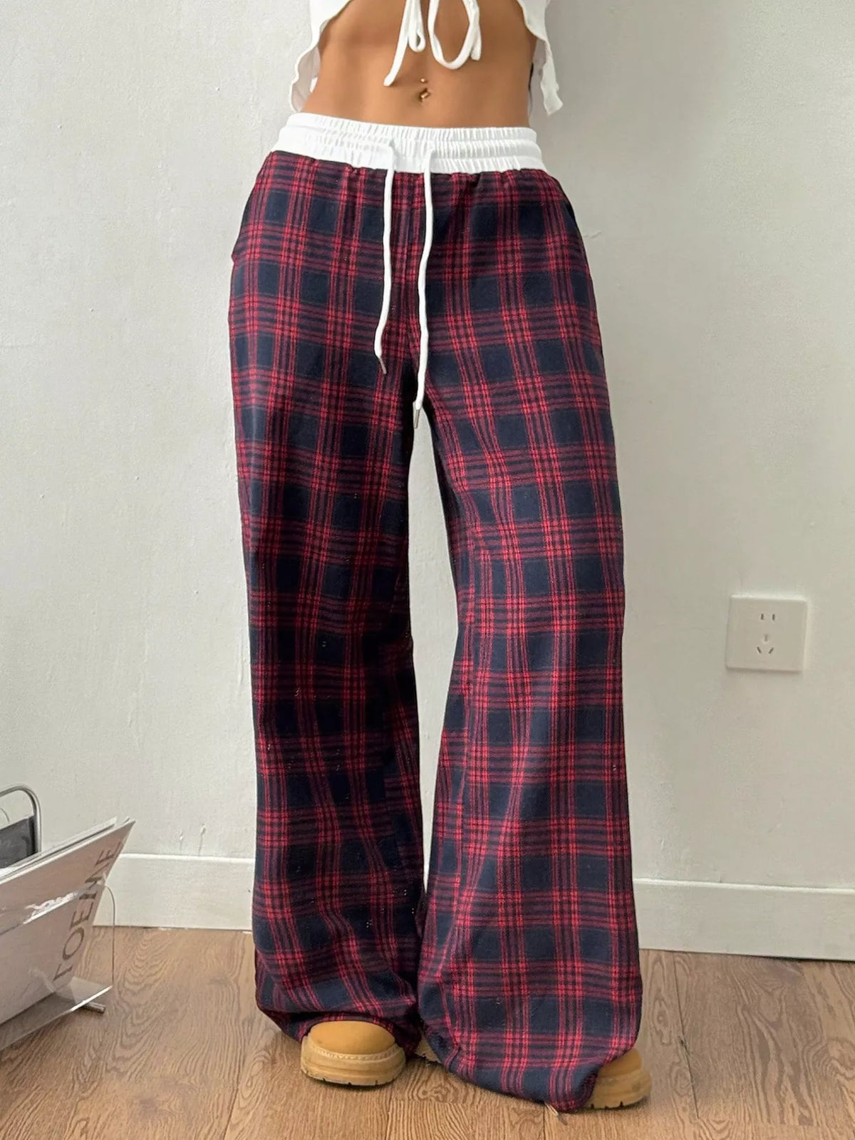 Plaid Drawstring Wide Leg Pants