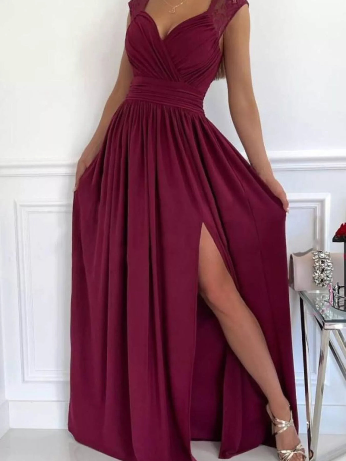 Lace Detail High Slit Maxi Dress