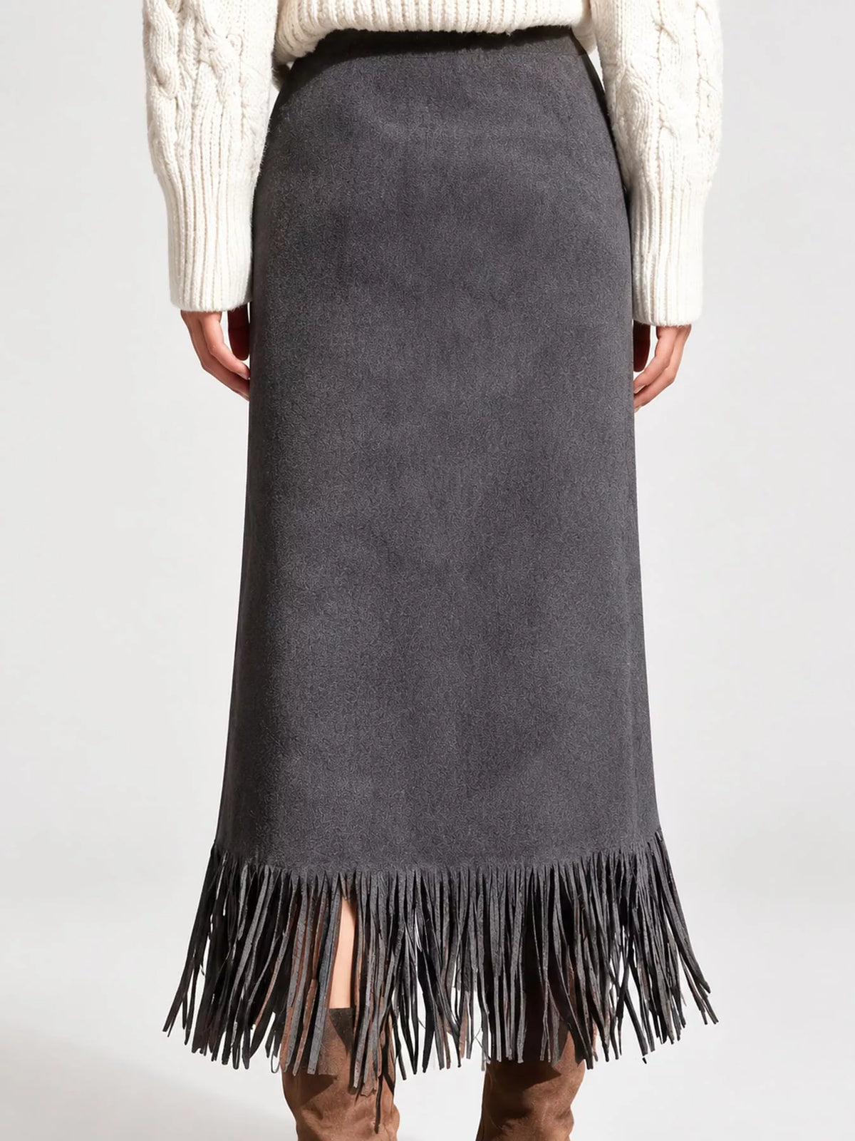 High-Waisted Fringe Midi Skirt