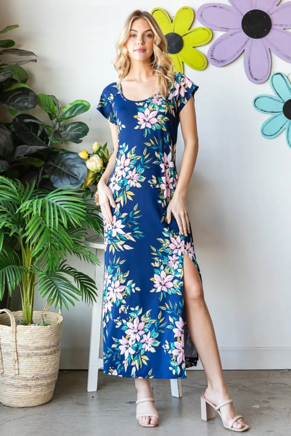 Floral Short Sleeve Slit Dress in Navy Multi