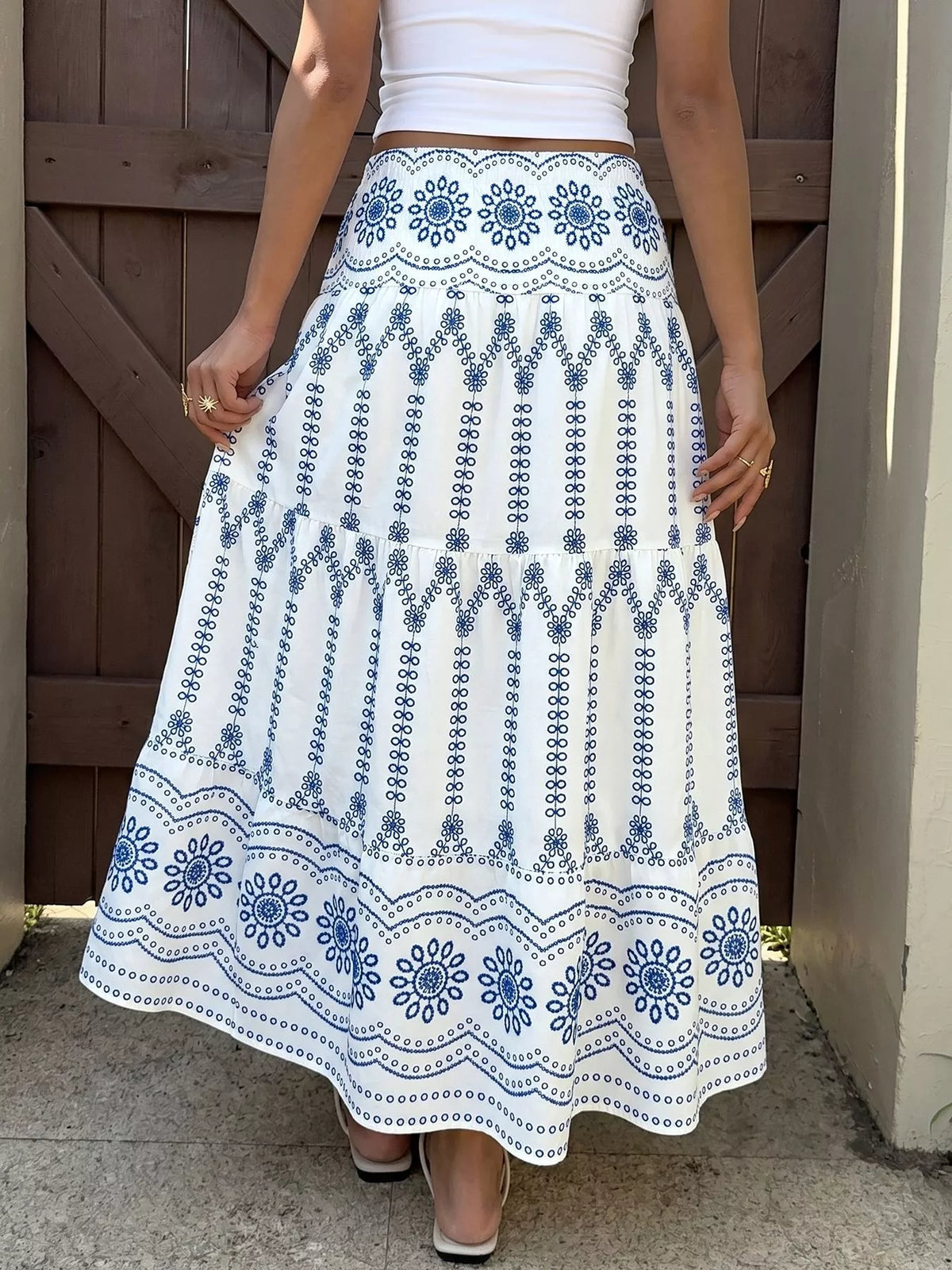 Printed Tiered Maxi Skirt in Blue
