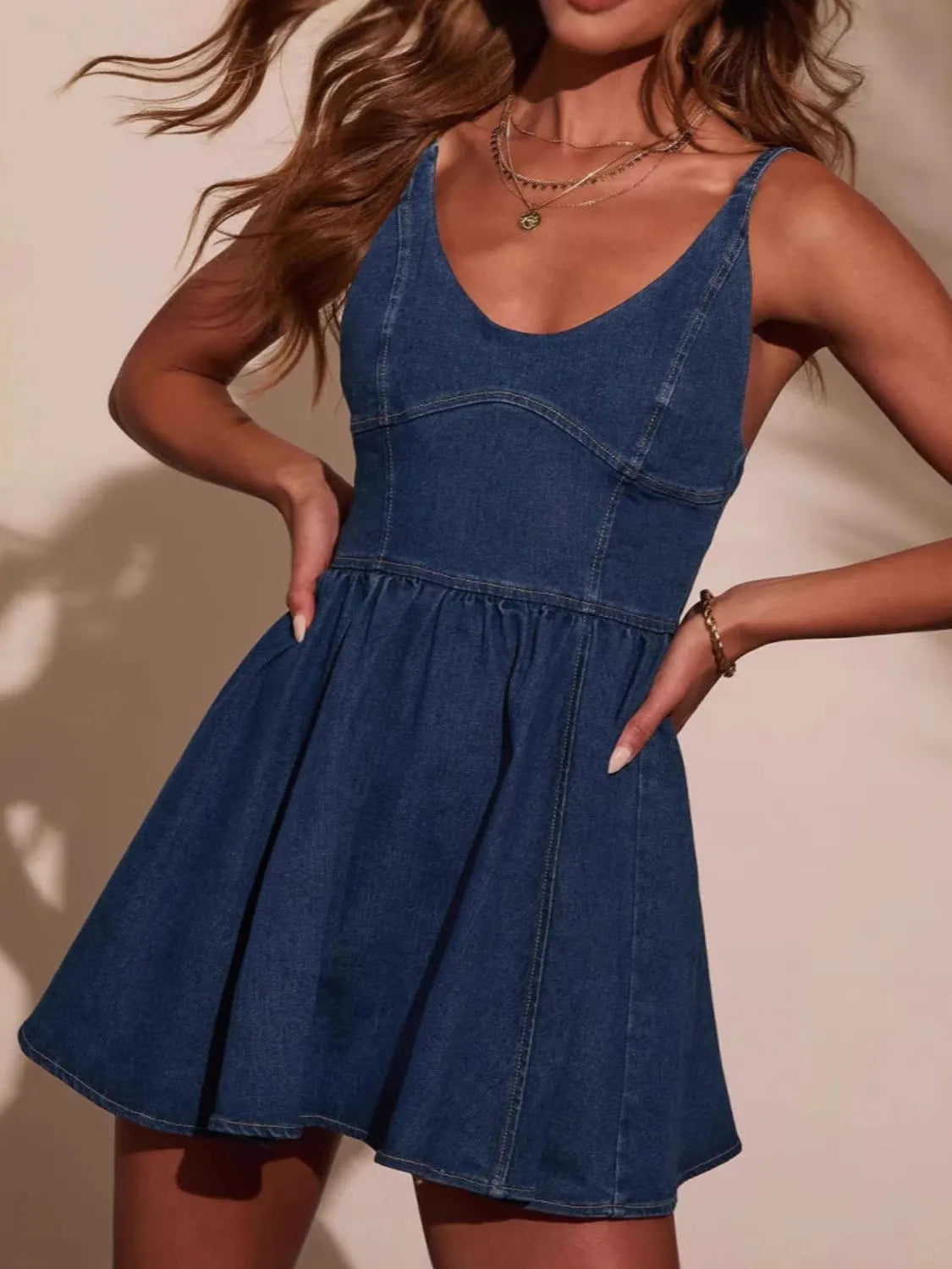 Smocked-Back Denim Mini Dress in Dark Wash
