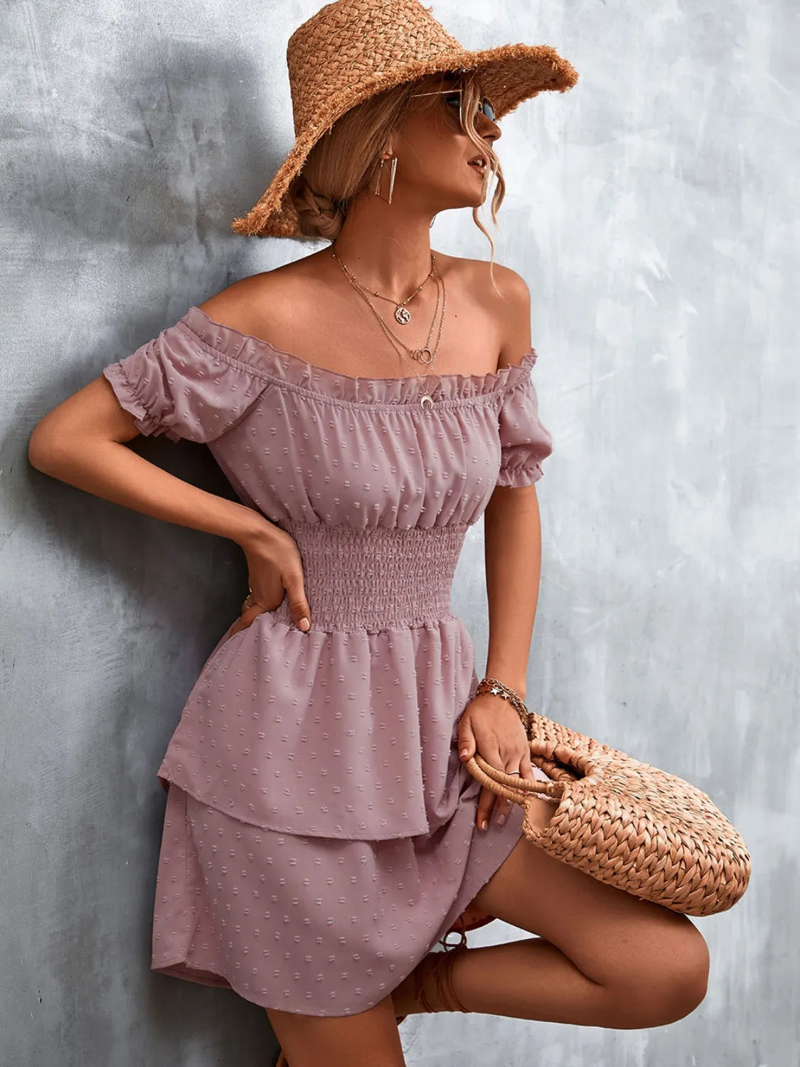 Ruffled Swiss Dot Off-Shoulder Dress in Dusty Pink