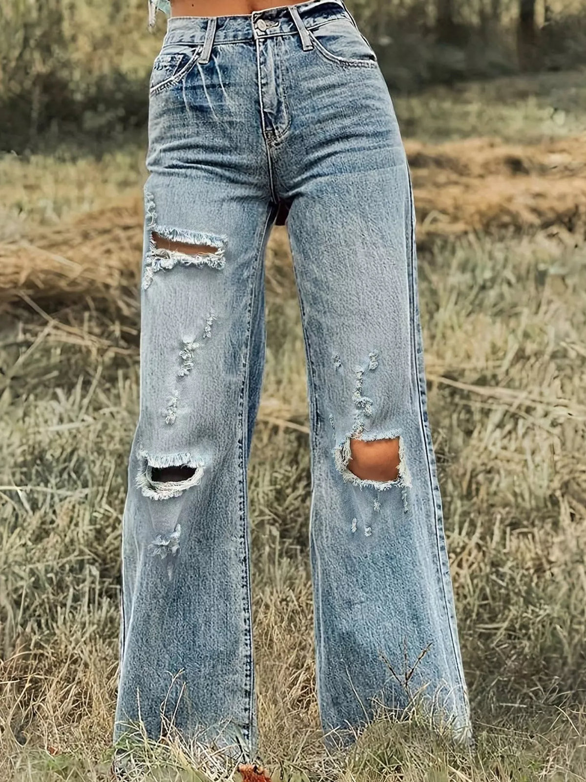 High-Waisted Distressed Wide-Leg Jeans in Peacock Blue
