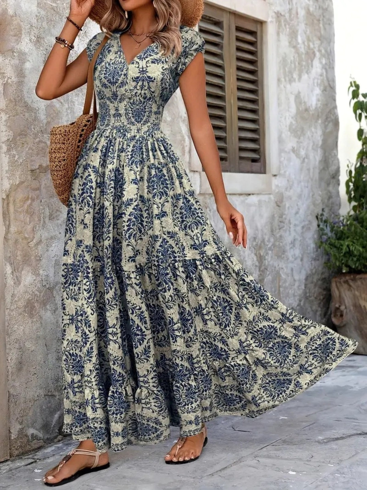 Printed Cap Sleeve Tiered Maxi Dress