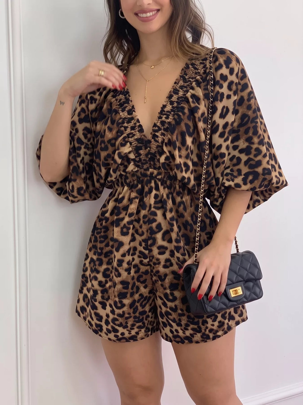 Leopard Print V-Neck Puff Sleeve Romper