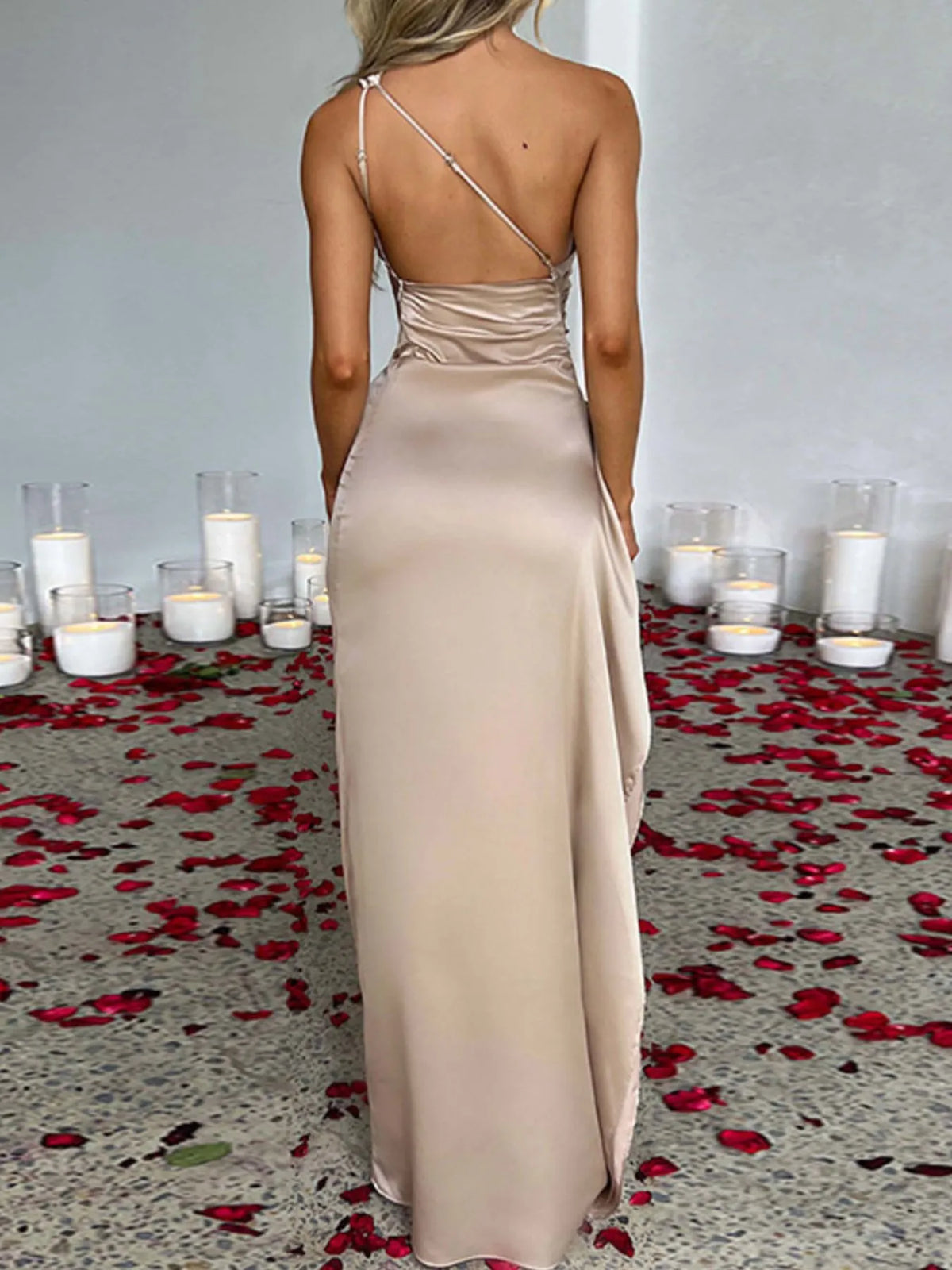 One-Shoulder Satin Dress with High Slit