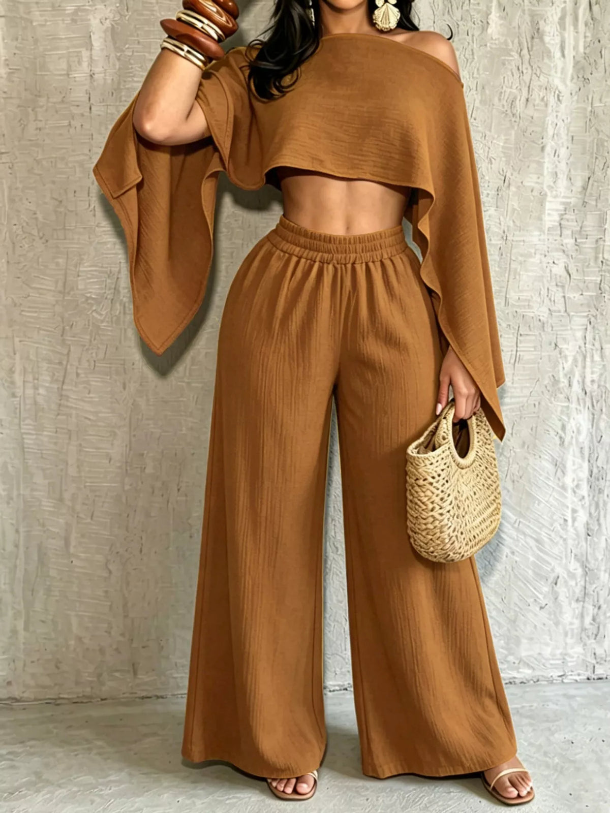 Boat Neck Crop Top and Wide-Leg Pants Set
