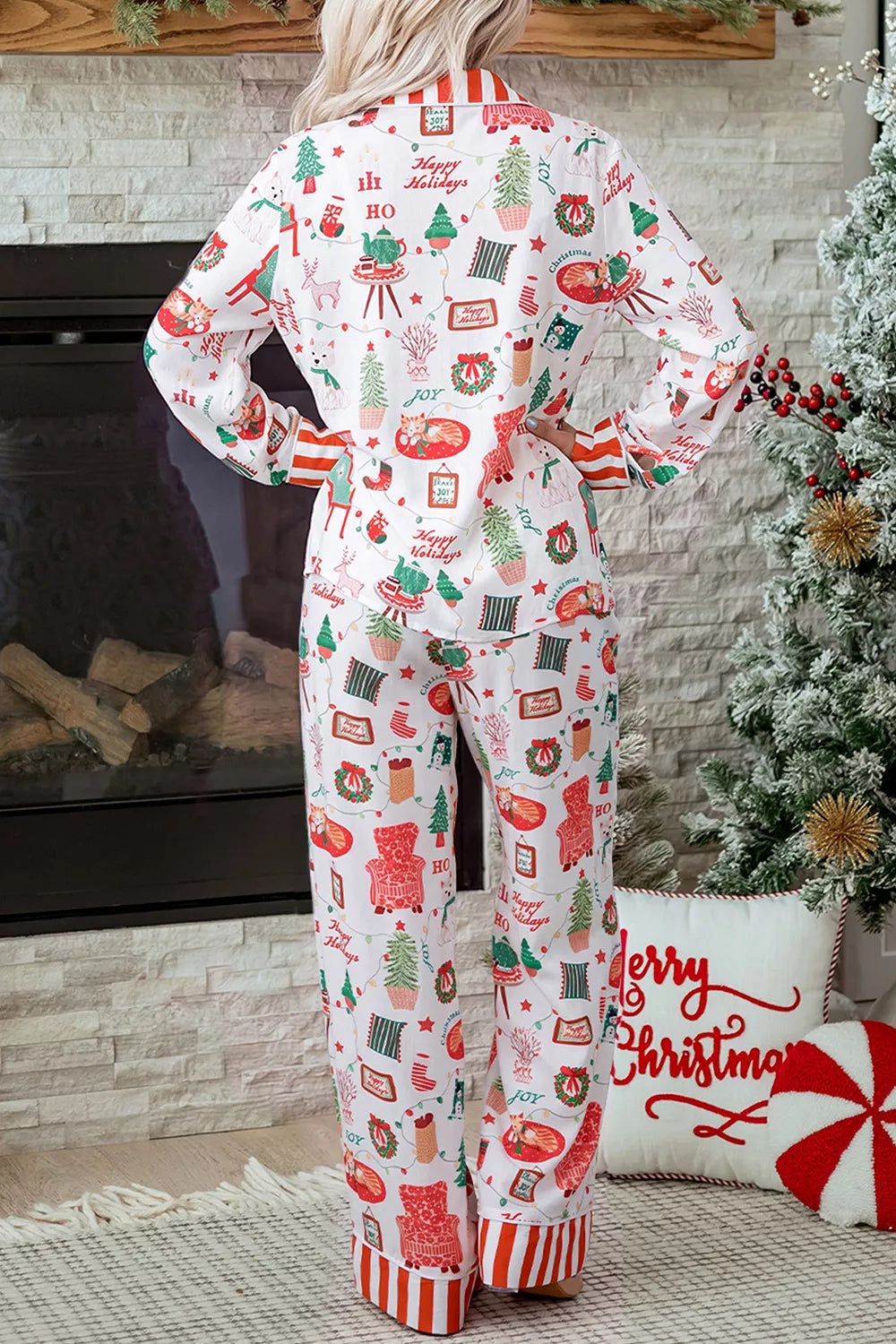 Striped Button-Front Long-Sleeve Lounge Set in White