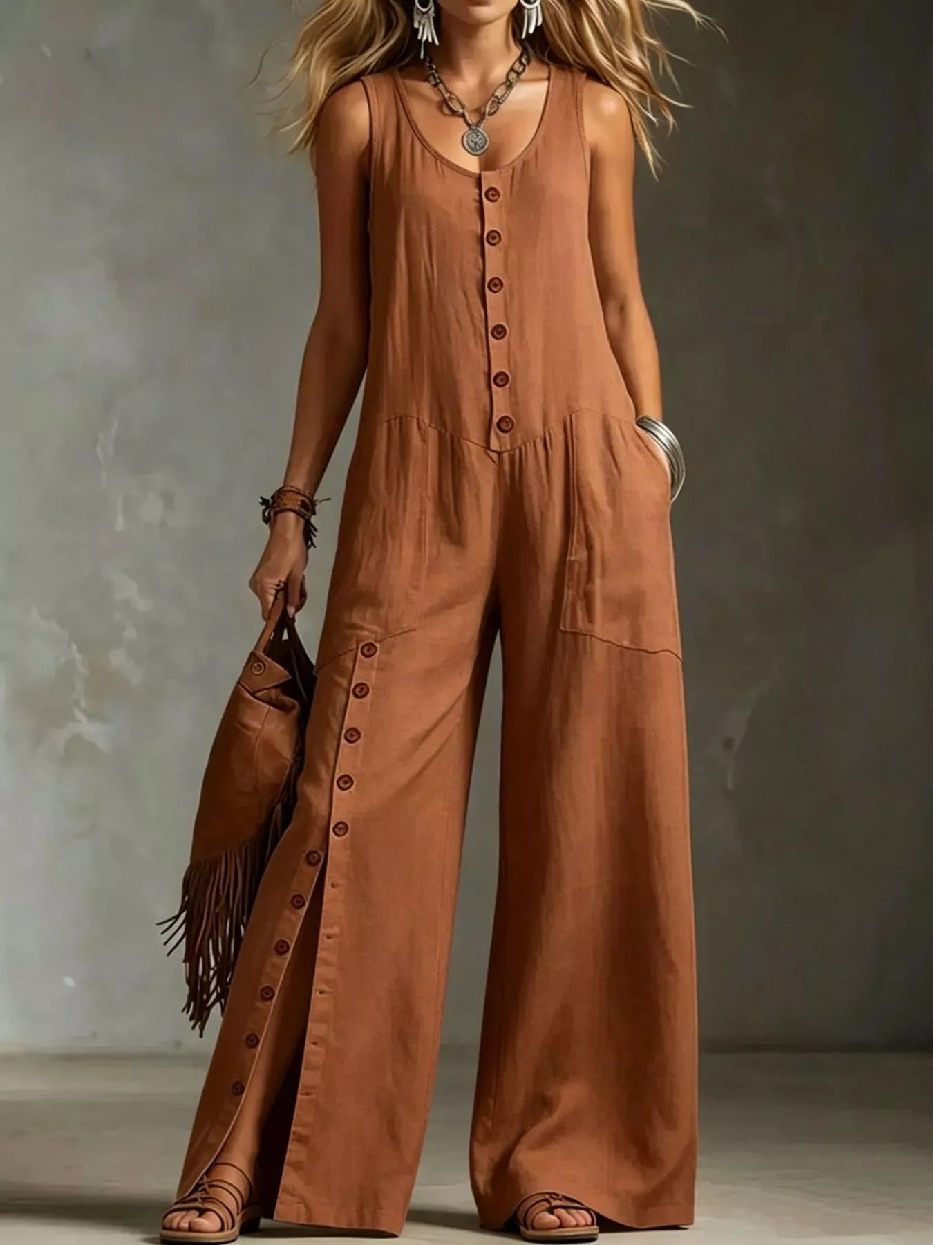 Sleeveless Button-Down Wide-Leg Jumpsuit