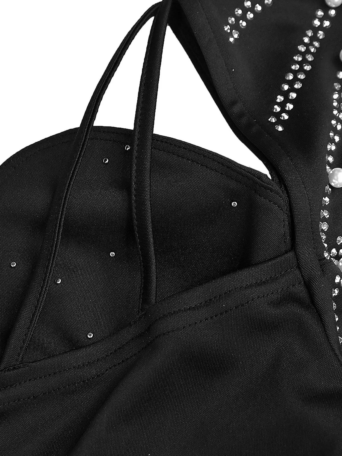 Rhinestone Pearl One-Shoulder Mermaid Dress in Black