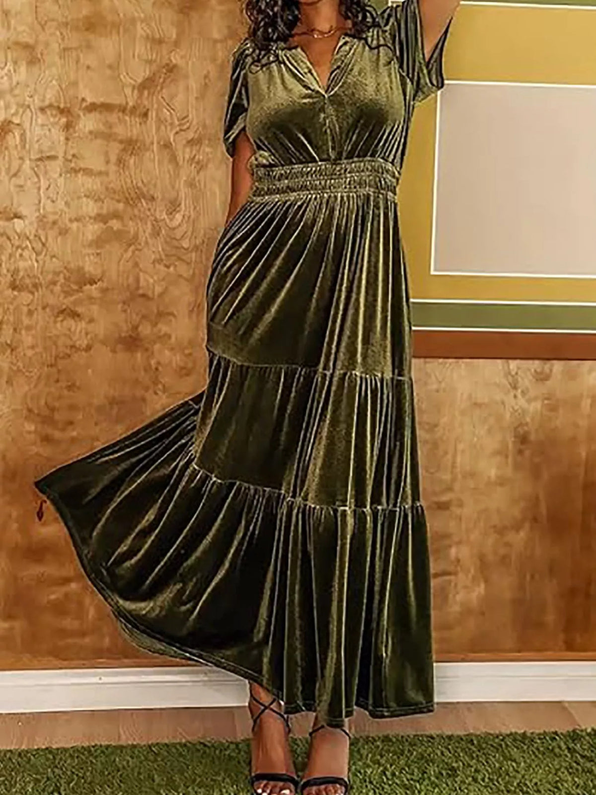 Velvet Tiered Short Sleeve Maxi Dress
