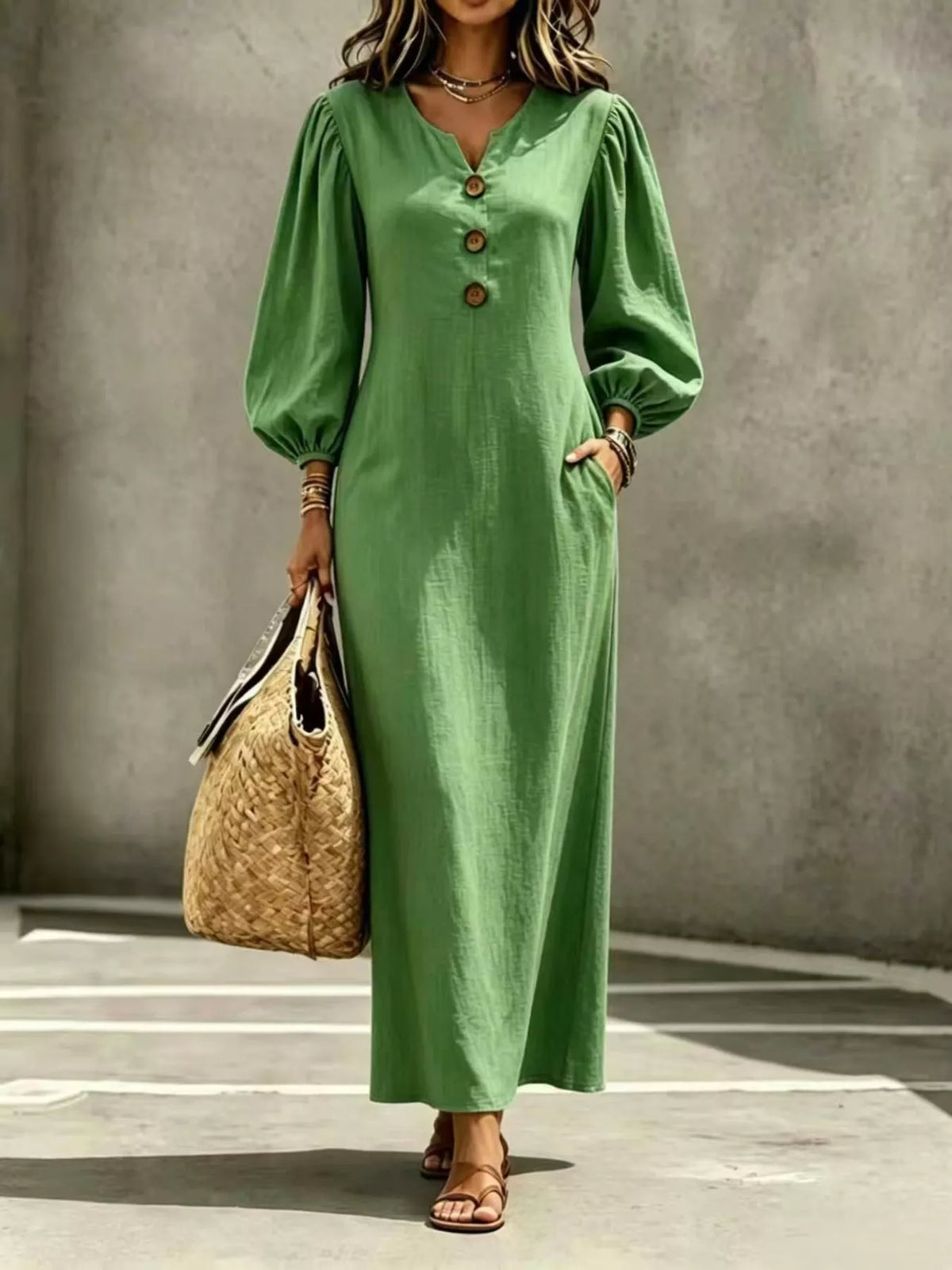 Button Balloon Sleeve Maxi Dress