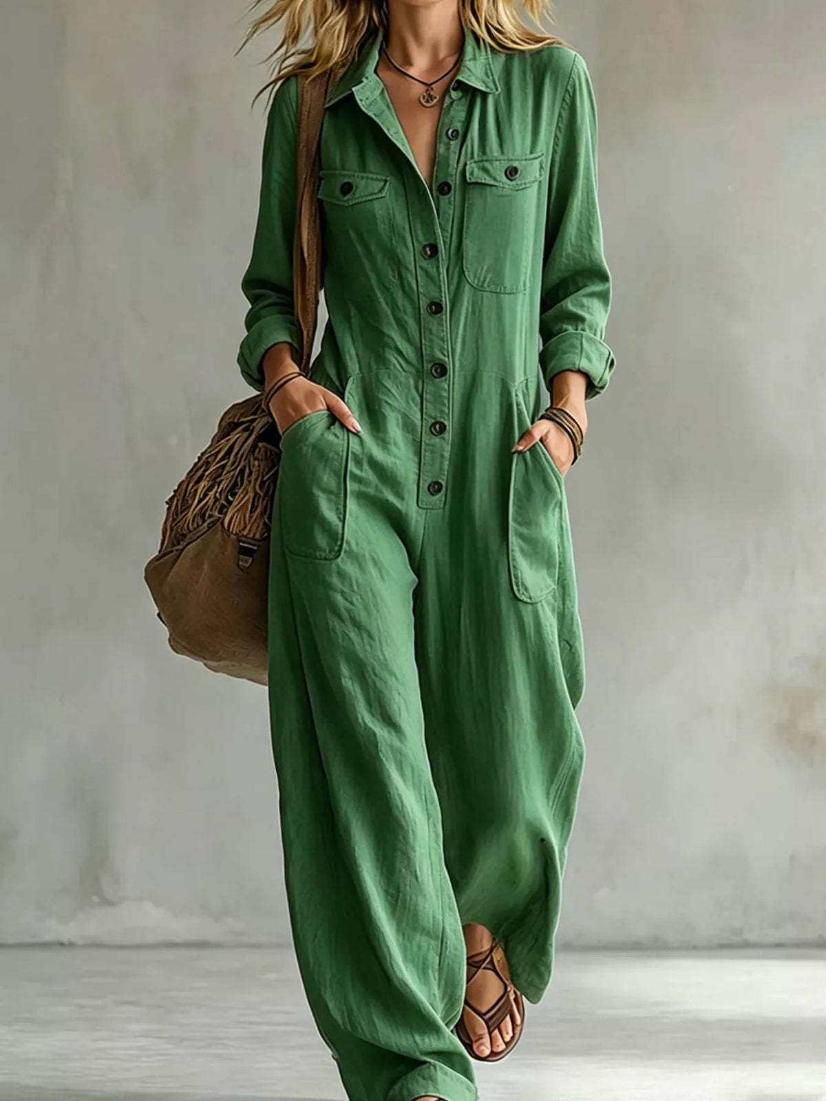 Long Sleeve Button Front Jumpsuit