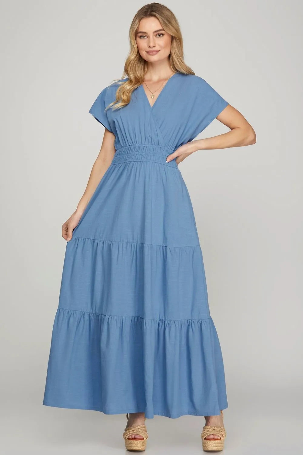 Surplice Tiered Maxi Dress in Cerulean