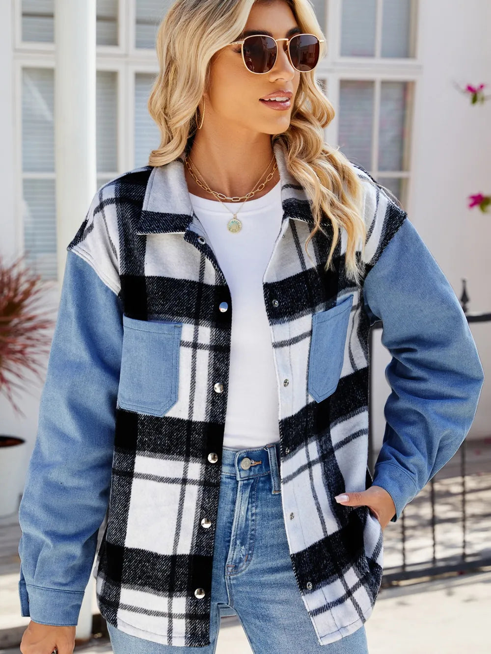 Plaid Snap-Down Denim Jacket in Dusty Blue by Manny