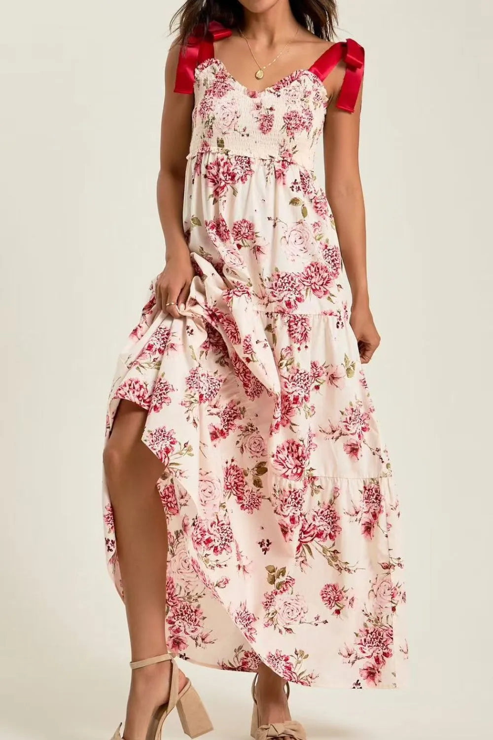 Floral Tiered Maxi Dress with Mixed Print