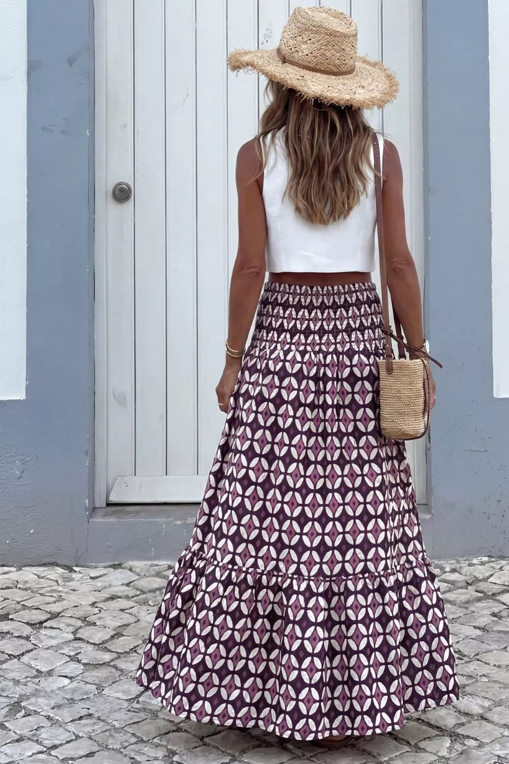 Geometric Print Smocked Waist Maxi Skirt in Mauve