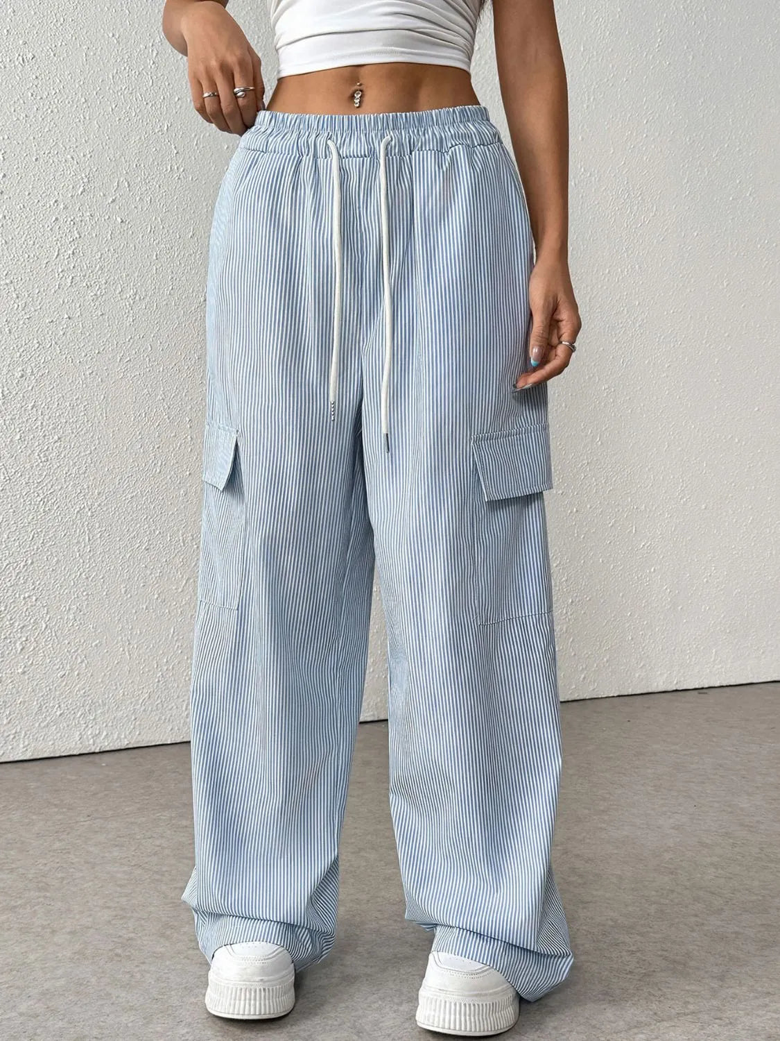 Striped Wide Leg Cargo Pants in Light Blue