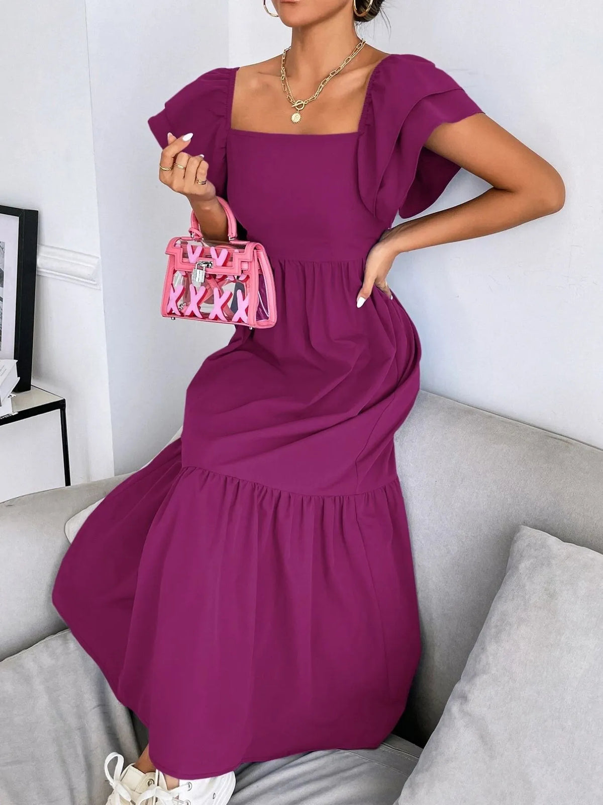Tiered Ruffle Square-Neck Maxi Dress