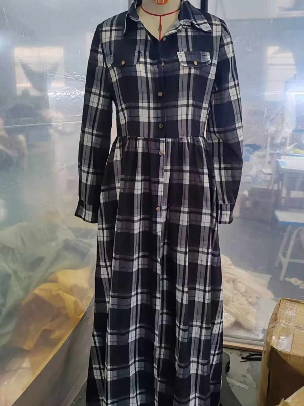 Plaid Long Sleeve Shirt Maxi Dress by Yvette