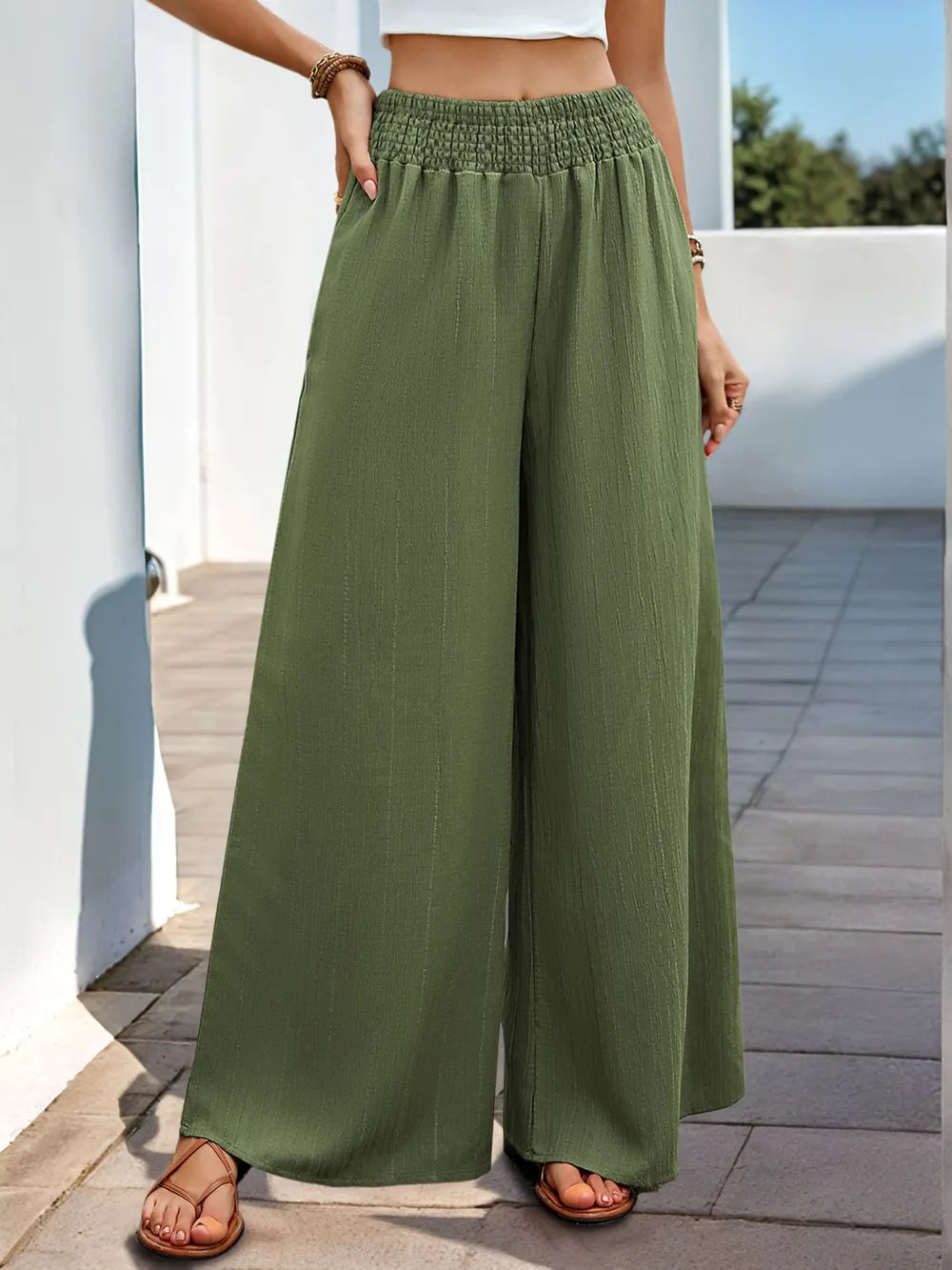 Smocked Wide Leg Pants in Moss