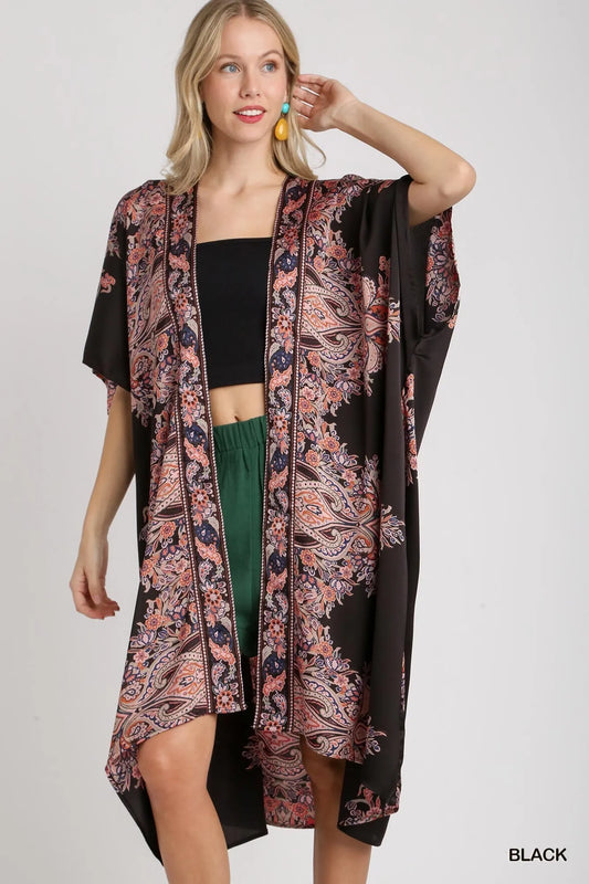 Umgee Satin Border Print Kimono in Black