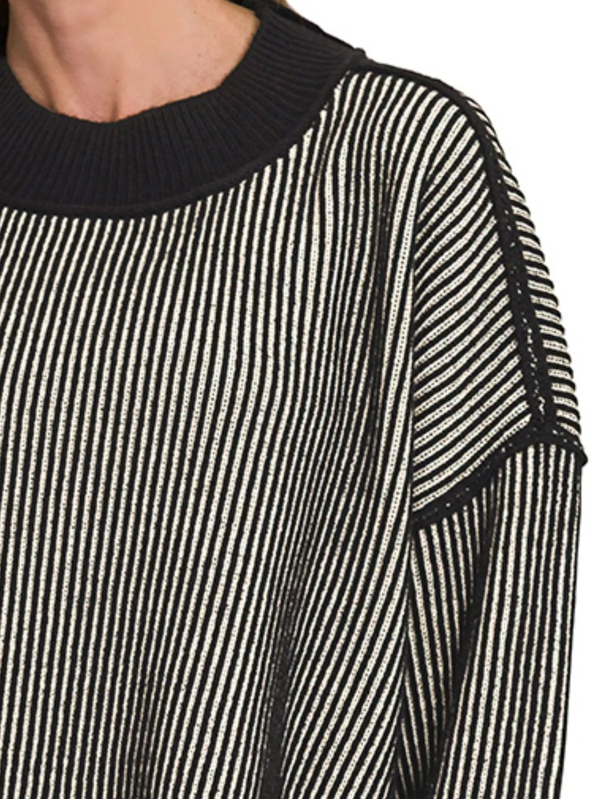 Zenana Ribbed Exposed Seam Two-Tone Sweater in Black