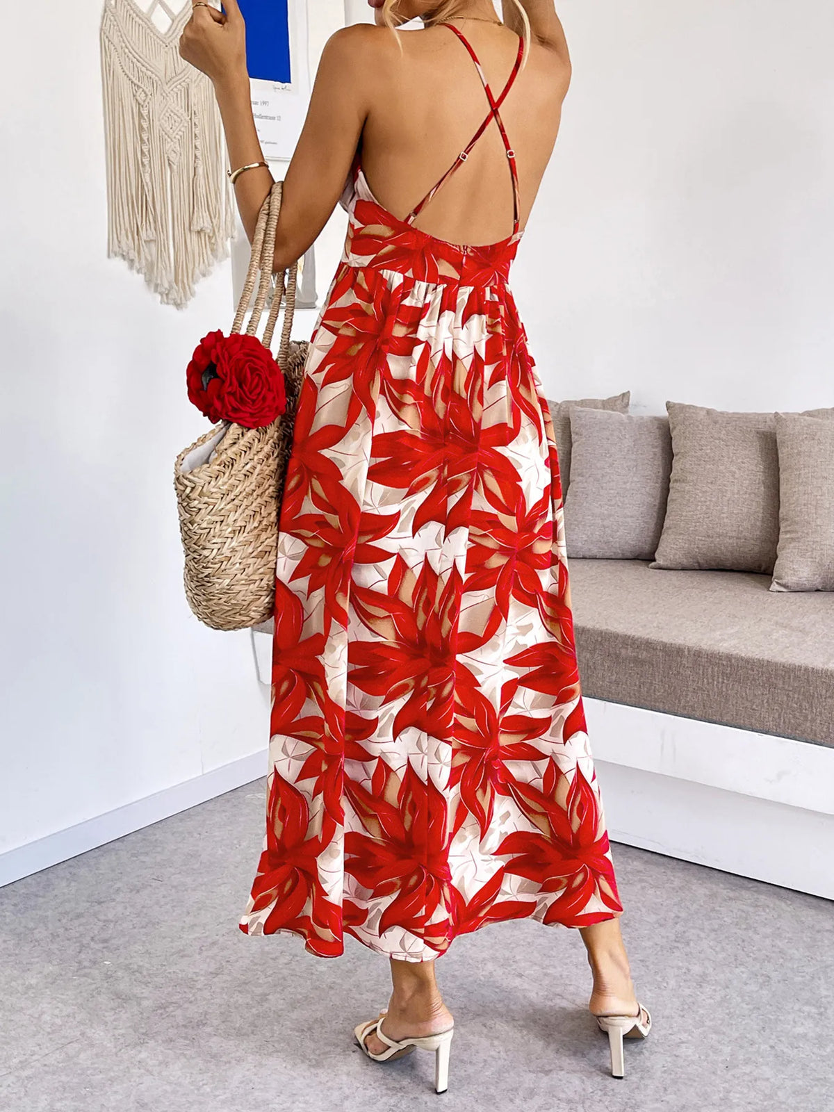 Crisscross Back Printed Midi Dress in Red
