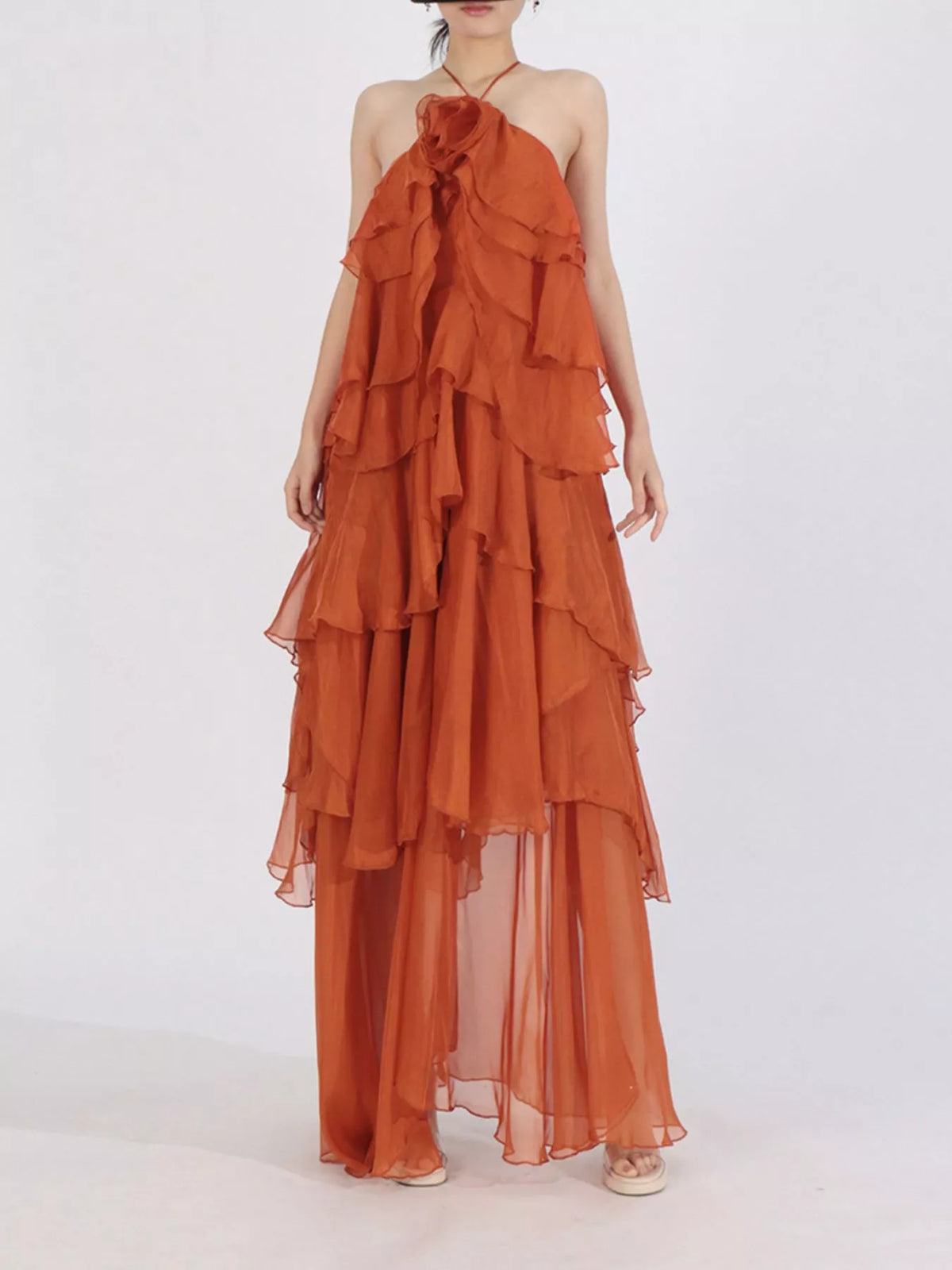 Ruffled Chiffon Halter Maxi Dress