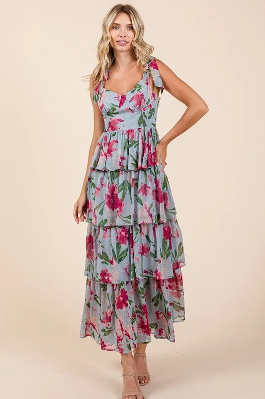 Floral Sweetheart Neck Maxi Dress in Dusty Blue by Mittoshop
