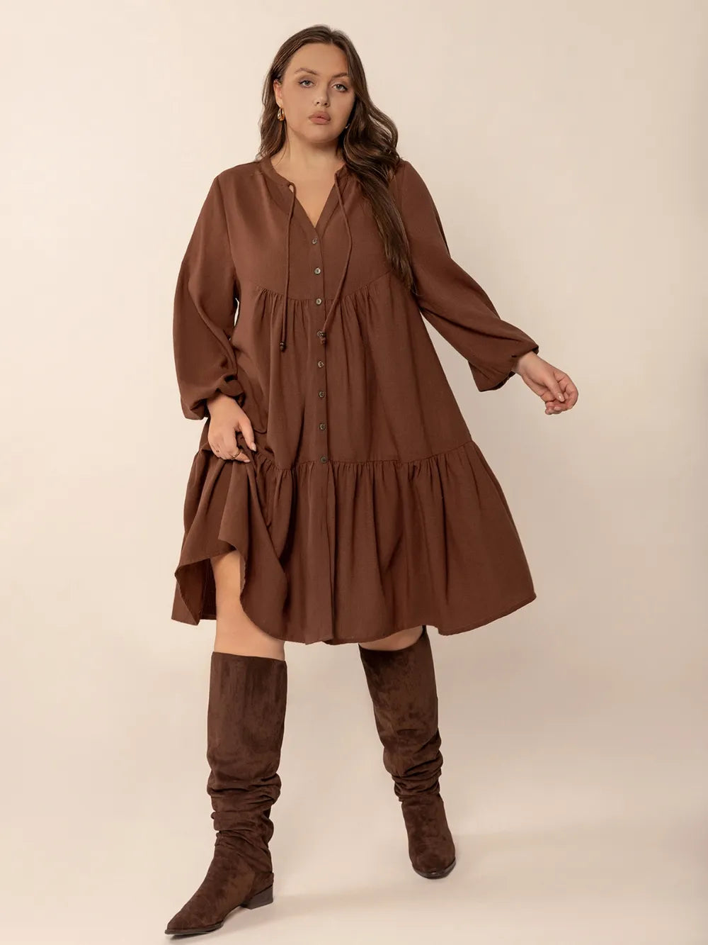 Plus Size Tie-Neck Tiered Dress in Brown