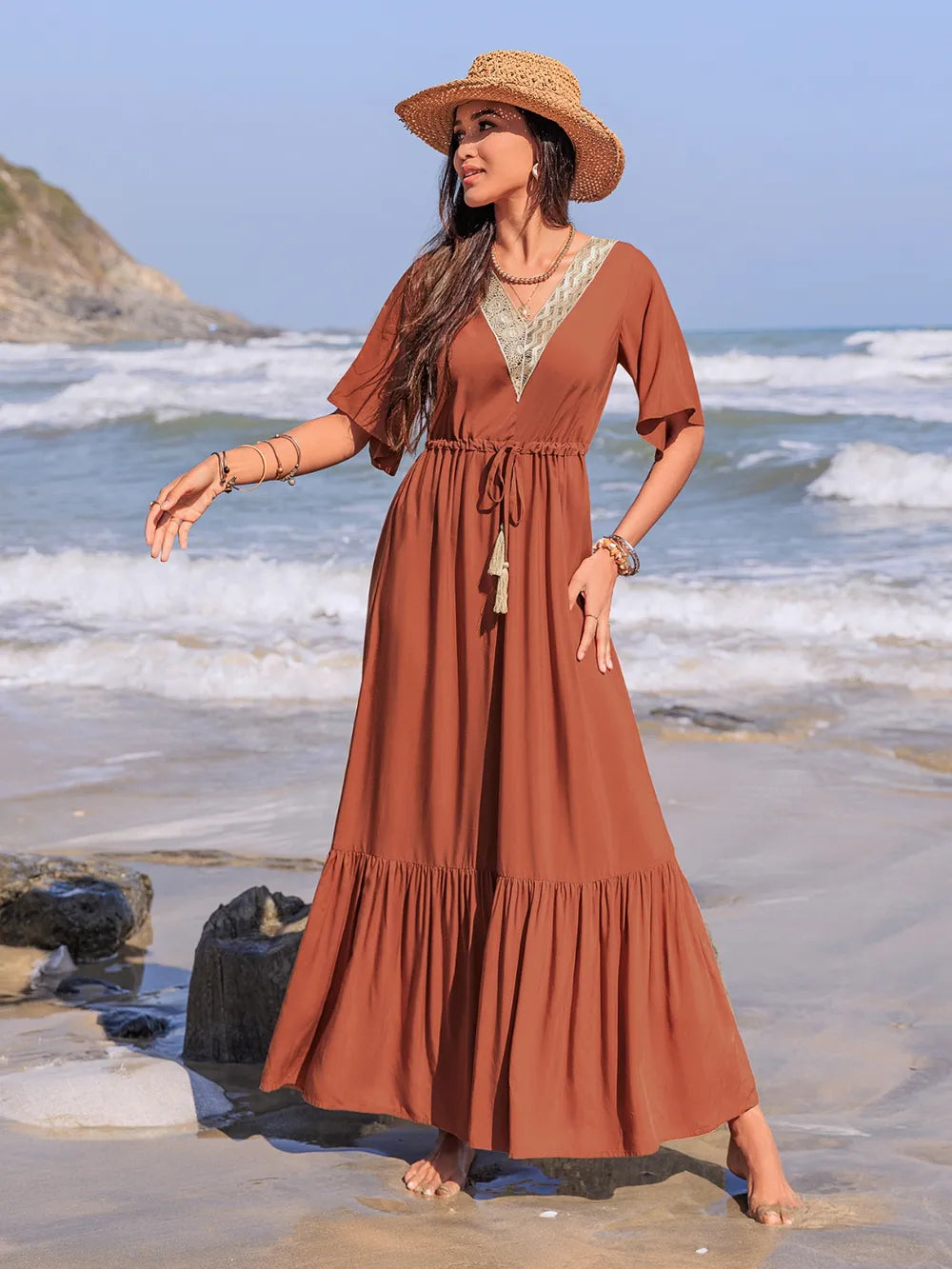 Ruffled Tassel Flutter Sleeve Dress in Terracotta